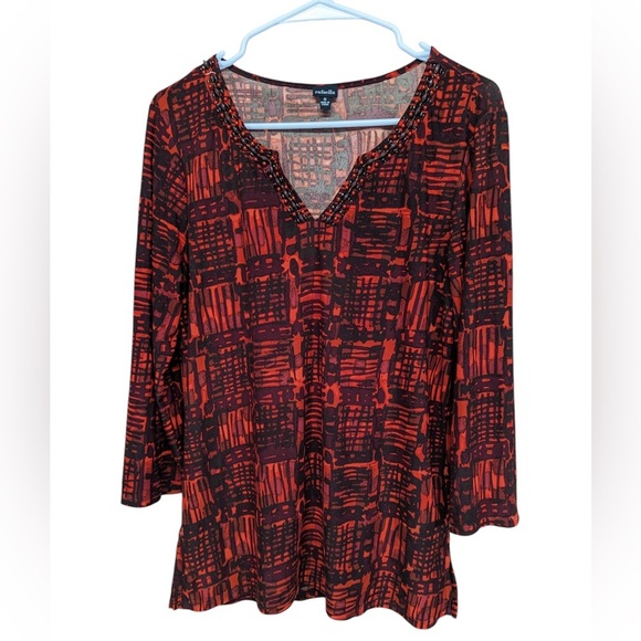 Rafaella geometric women’s tunic blouse in red and black size S with V- neck - Picture 1 of 6